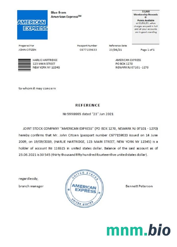 Przykład odniesienia USA American Express w formatach Word i PDF